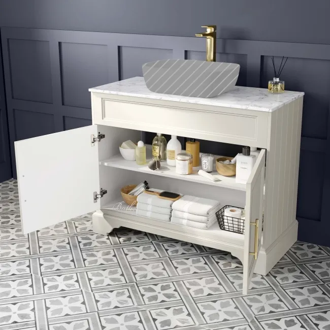 Lucia Chalk White Cabinet with Marble Top 1030mm (Excludes Counter Top Basin) - Brass Knurled Handles