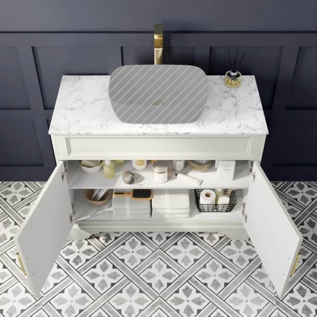Lucia Chalk White Cabinet with Marble Top 1030mm (Excludes Counter Top Basin) - Brass Knurled Handles