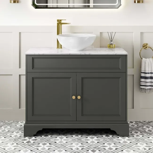 Lucia Graphite Grey Vanity with Marble Top & Round Counter Top Basin 1030mm - Brushed Brass Accents