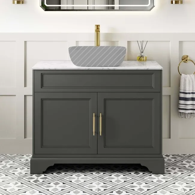 Lucia Graphite Grey Cabinet with Marble Top 1030mm (Excludes Counter Top Basin) - Brass Knurled Handles