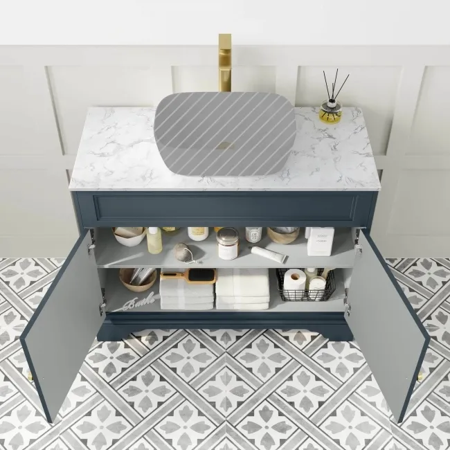 Lucia Inky Blue Cabinet with Marble Top 1030mm (Excludes Counter Top Basin) - Brushed Brass Accents