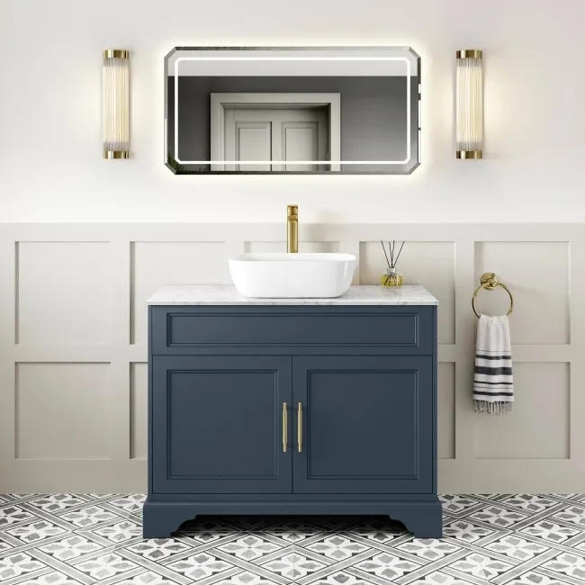Lucia Inky Blue Vanity with Marble Top & Curved Counter Top Basin 1030mm - Brass Knurled Handles