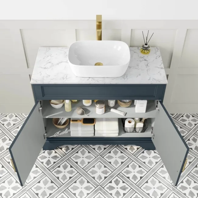 Lucia Inky Blue Vanity with Marble Top & Curved Counter Top Basin 1030mm - Brass Knurled Handles