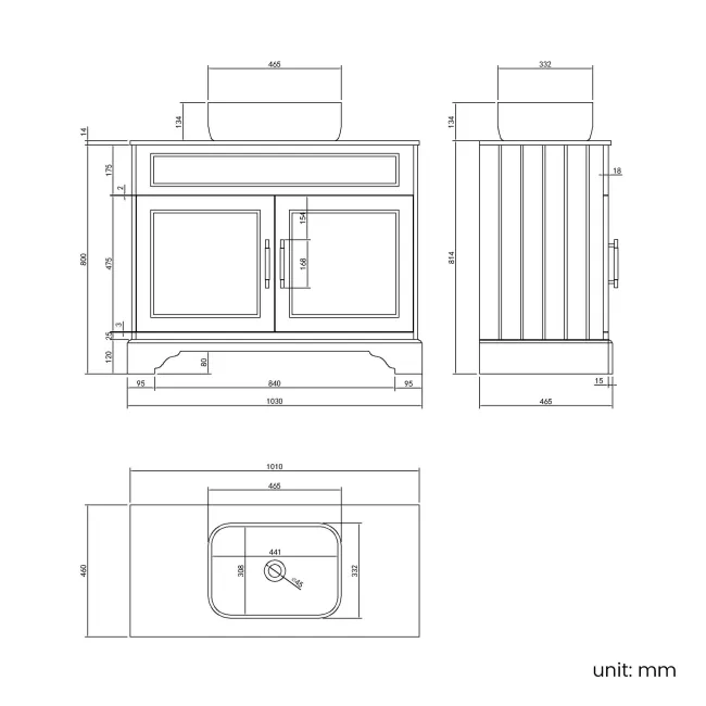 Lucia Inky Blue Vanity with Marble Top & Curved Counter Top Basin 1030mm - Brass Knurled Handles