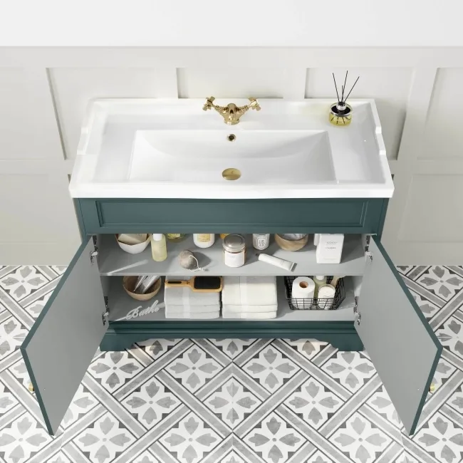 Lucia Midnight Green Basin Vanity 1030mm - Brushed Brass Accents