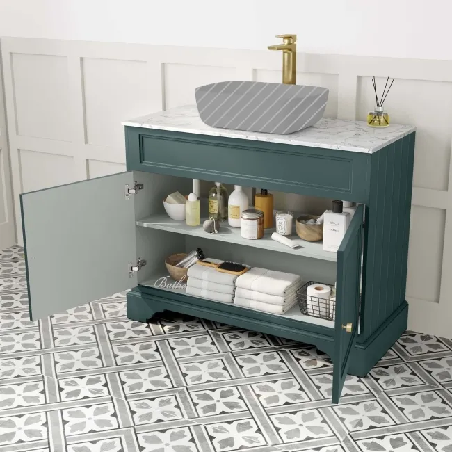 Lucia Midnight Green Cabinet with Marble Top 1030mm (Excludes Counter Top Basin) - Brushed Brass Accents