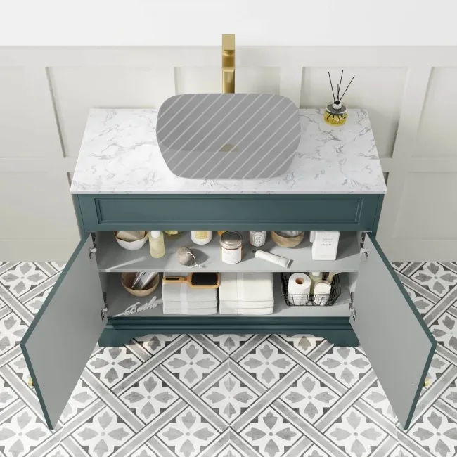 Lucia Midnight Green Cabinet with Marble Top 1030mm (Excludes Counter Top Basin) - Brushed Brass Accents