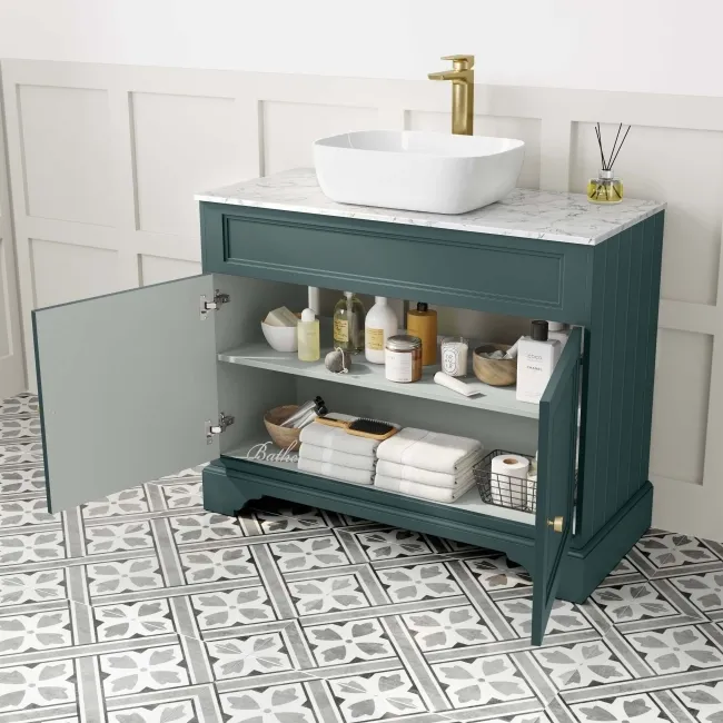 Lucia Midnight Green Vanity with Marble Top & Curved Counter Top Basin 1030mm - Brushed Brass Accents