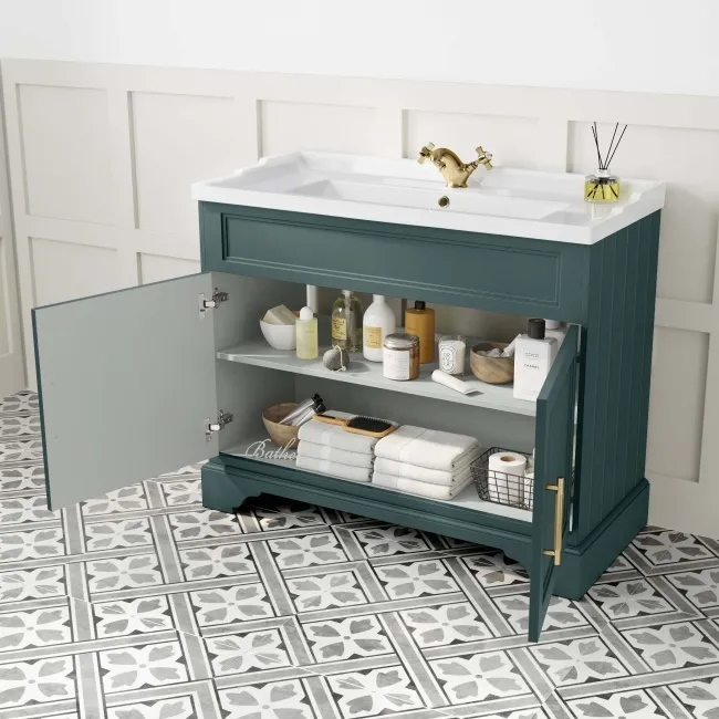 Lucia Midnight Green Basin Vanity 1030mm - Brass Knurled Handles