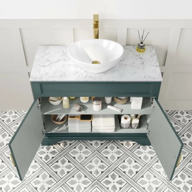Lucia Midnight Green Vanity with Marble Top & Oval Counter Top Basin 1030mm - Brass Knurled Handles