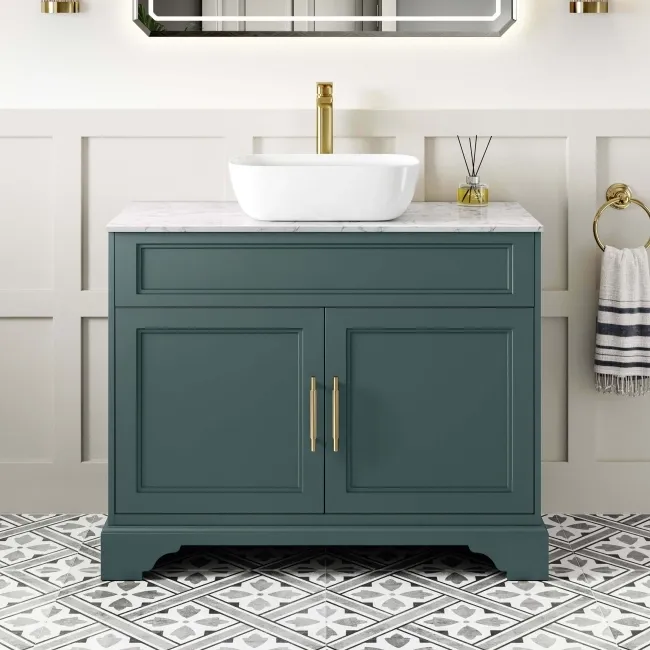 Lucia Midnight Green Vanity with Marble Top & Curved Counter Top Basin 1030mm - Brass Knurled Handles