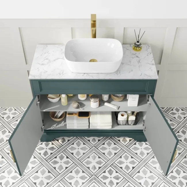 Lucia Midnight Green Vanity with Marble Top & Curved Counter Top Basin 1030mm - Brass Knurled Handles