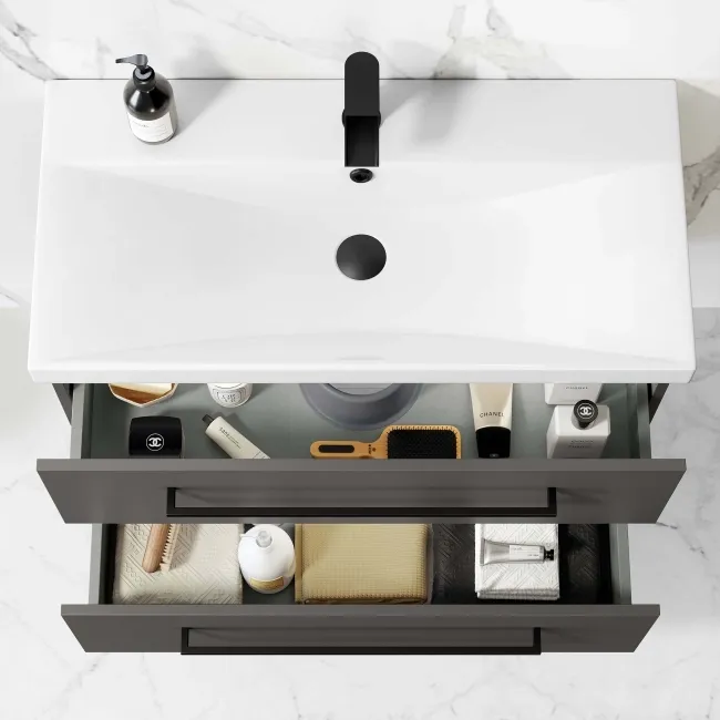 Elba Graphite Grey Wall Hung Basin Drawer Vanity 800mm with Matt Black Stand