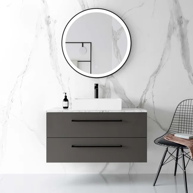 Elba Graphite Grey Wall Hung Drawer Vanity with Marble Top & Cody Basin 1000mm - Black Accents