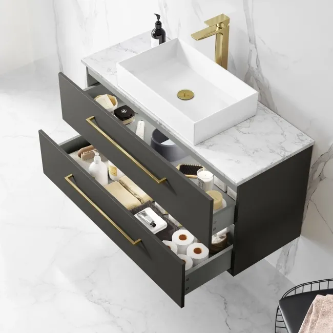Elba Graphite Grey Wall Hung Drawer Vanity with Marble Top & Cody Basin 1000mm - Brushed Brass Accents