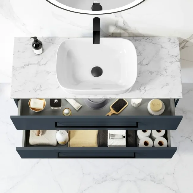 Elba Inky Blue Wall Hung Drawer Vanity with Marble Top & Curved Counter Top Basin 1000mm - Black Accents