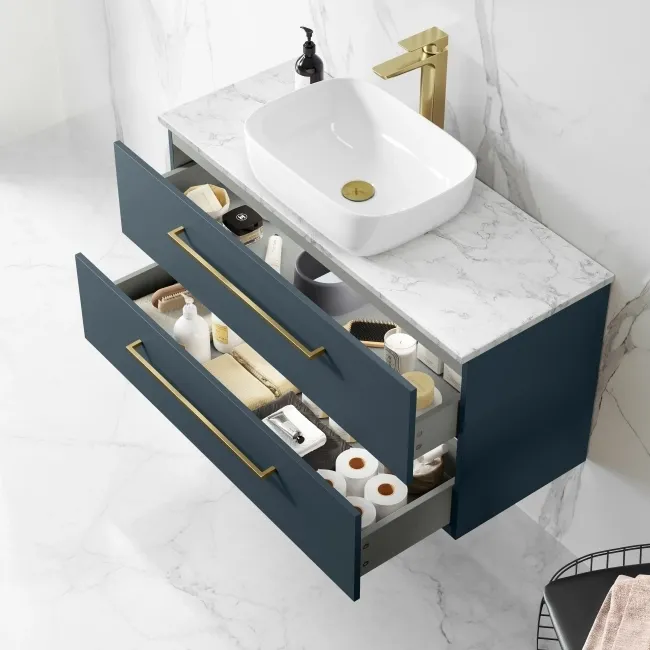 Elba Inky Blue Wall Hung Drawer Vanity with Marble Top & Curved Counter Top Basin 1000mm - Brushed Brass Accents