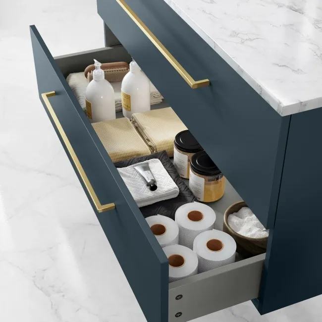Elba Inky Blue Wall Hung Drawer Vanity with Marble Top & Curved Counter Top Basin 1000mm - Brushed Brass Accents