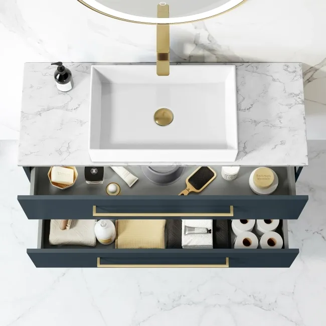 Elba Inky Blue Wall Hung Drawer Vanity with Marble Top & Cody Basin 1000mm - Brushed Brass Accents