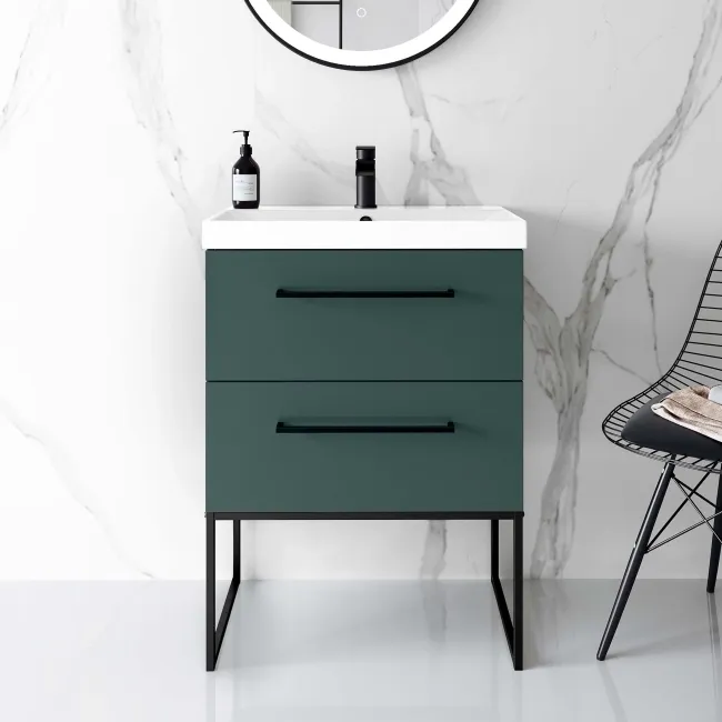 Elba Midnight Green Wall Hung Basin Drawer Vanity 600mm with Matt Black Stand