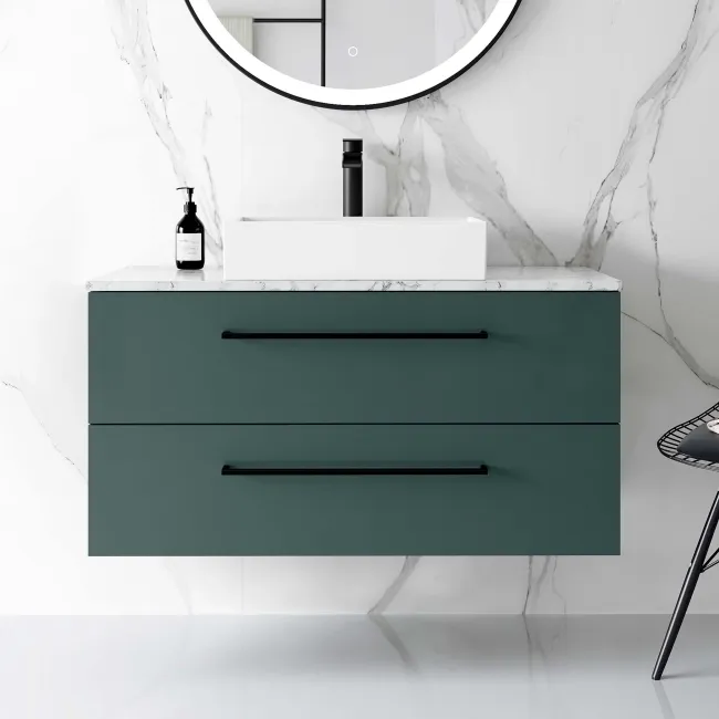Elba Midnight Green Wall Hung Drawer Vanity with Marble Top & Cody Basin 1000mm - Black Accents