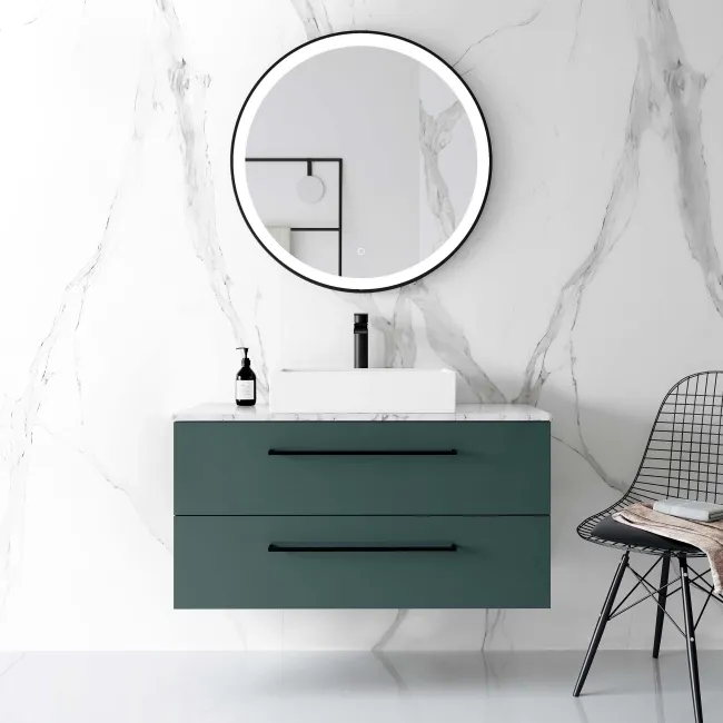 Elba Midnight Green Wall Hung Drawer Vanity with Marble Top & Cody Basin 1000mm - Black Accents
