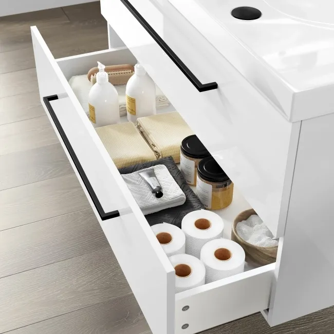 Elba Gloss White Wall Hung Basin Drawer Vanity 1000mm - Black Accents