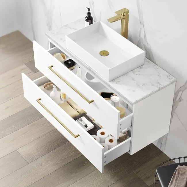 Elba Gloss White Wall Hung Drawer Vanity with Marble Top & Cody Basin 1000mm - Brushed Brass Accents