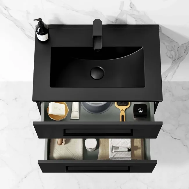Elba Matt Black Wall Hung Basin Drawer Vanity 600mm with Matt Black Stand
