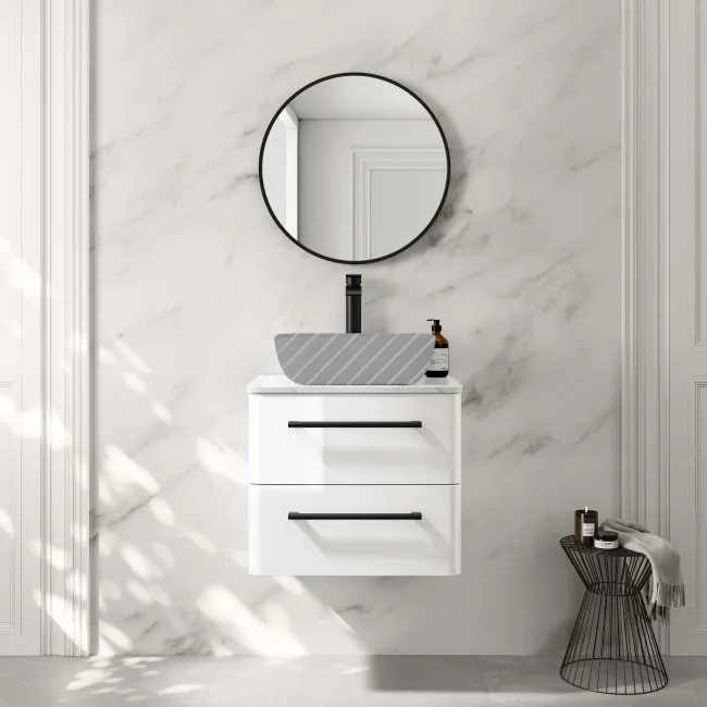 Omaha Gloss White Wall Hung Drawer Vanity with Marble Top 600mm (Excludes Counter Top Basin) - Black Accents