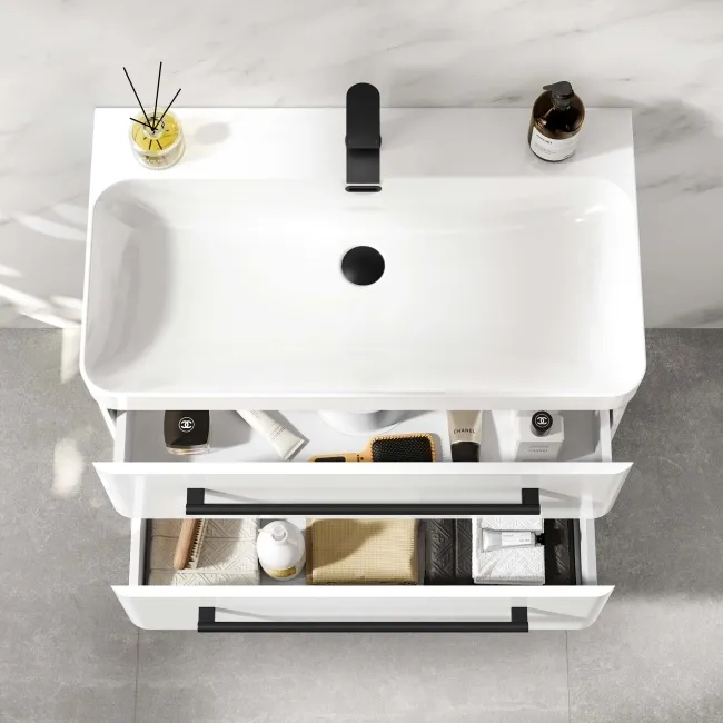 Omaha Gloss White Wall Hung Basin Drawer Vanity 800mm - Black Accents