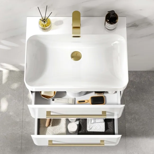 Omaha Gloss White Wall Hung Basin Drawer Vanity 600mm - Brushed Brass Accents