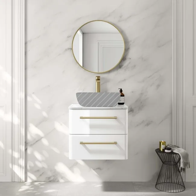 Omaha Gloss White Wall Hung Drawer Vanity with Marble Top 600mm (Excludes Counter Top Basin) - Brushed Brass Accents