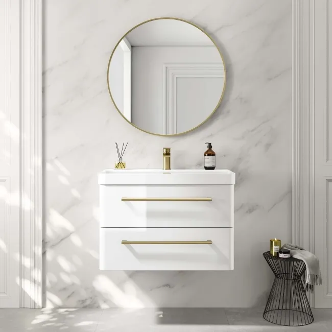 Omaha Gloss White Wall Hung Basin Drawer Vanity 800mm - Brushed Brass Accents