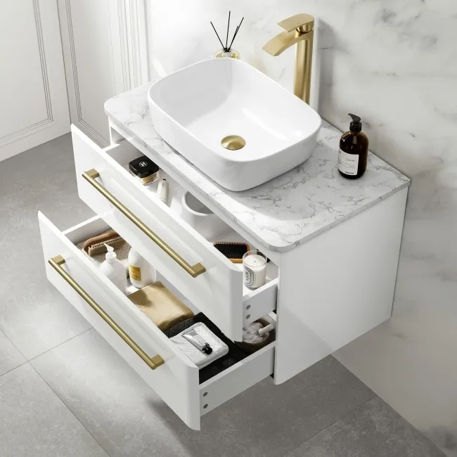 Omaha Gloss White Wall Hung Drawer Vanity with Marble Top & Curved Counter Top Basin 800mm - Brushed Brass Accents