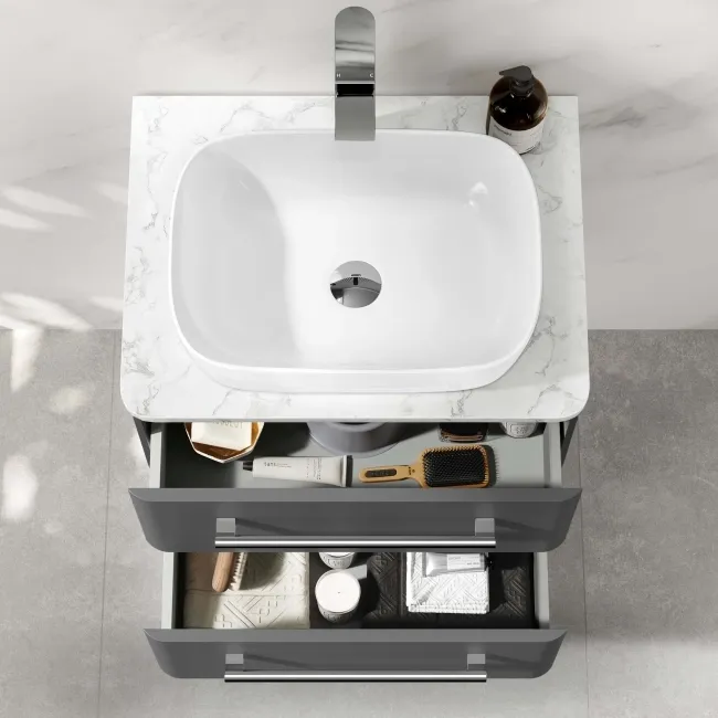 Omaha Slate Grey Wall Hung Drawer Vanity with Marble Top & Curved Counter Top Basin 600mm