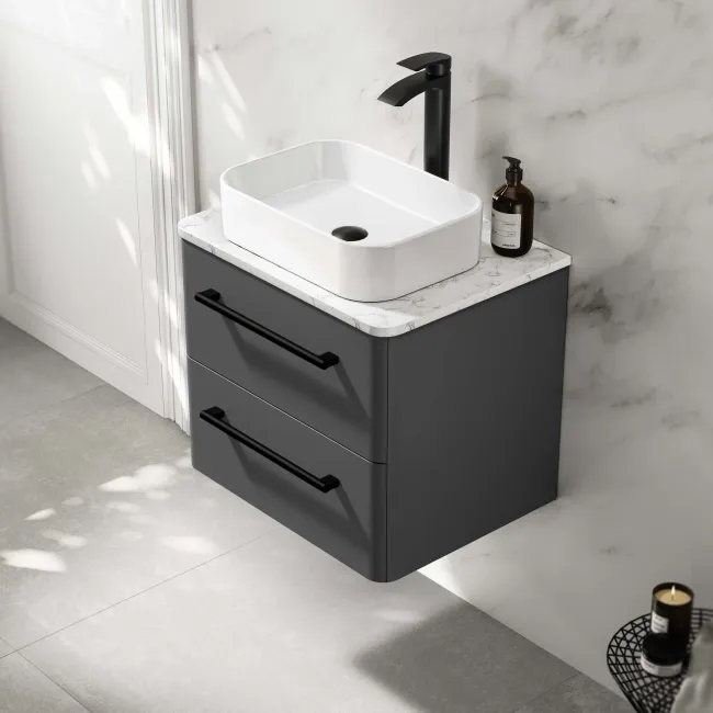 Omaha Slate Grey Wall Hung Drawer Vanity with Marble Top & Marin Basin 600mm - Black Accents