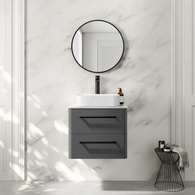Omaha Slate Grey Wall Hung Drawer Vanity with Marble Top & Marin Basin 600mm - Black Accents