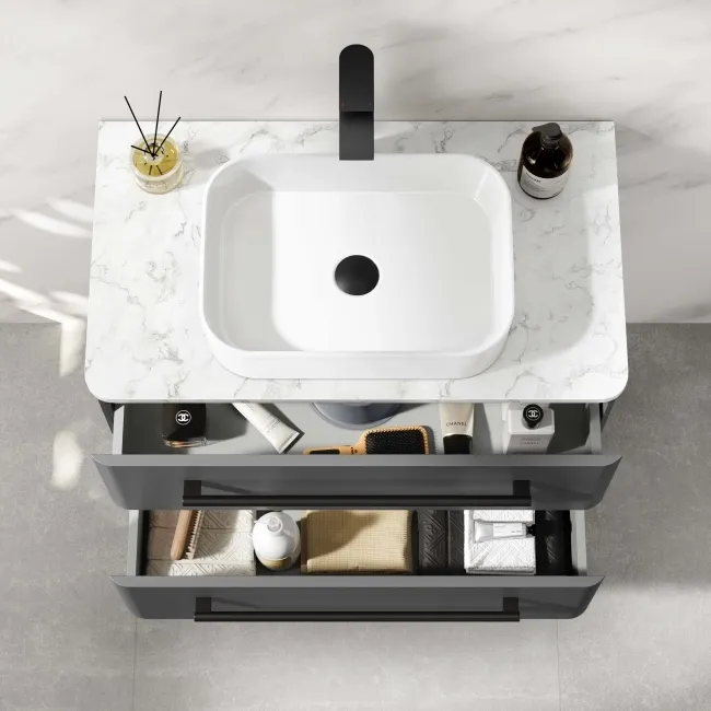 Omaha Slate Grey Wall Hung Drawer Vanity with Marble Top & Marin Basin 800mm - Black Accents