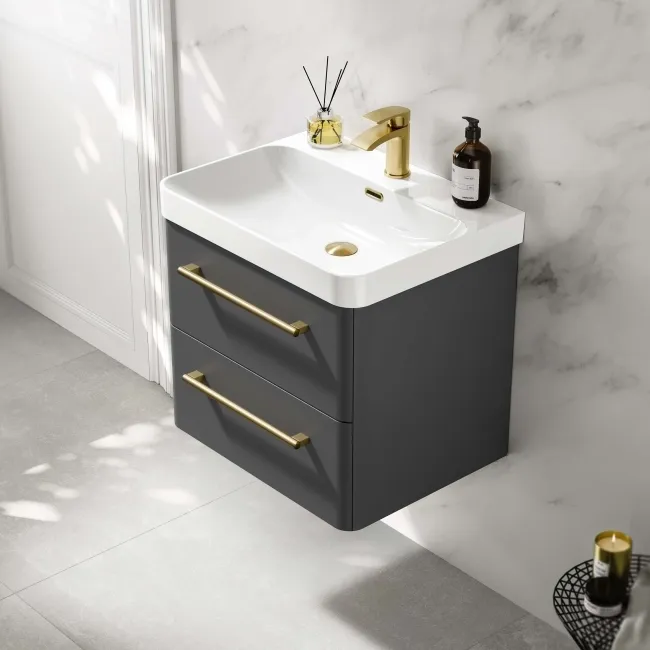 Omaha Slate Grey Wall Hung Basin Drawer Vanity 600mm - Brushed Brass Accents