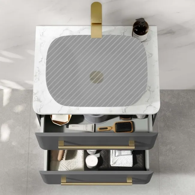 Omaha Slate Grey Wall Hung Drawer Vanity with Marble Top 600mm (Excludes Counter Top Basin) - Brushed Brass Accents