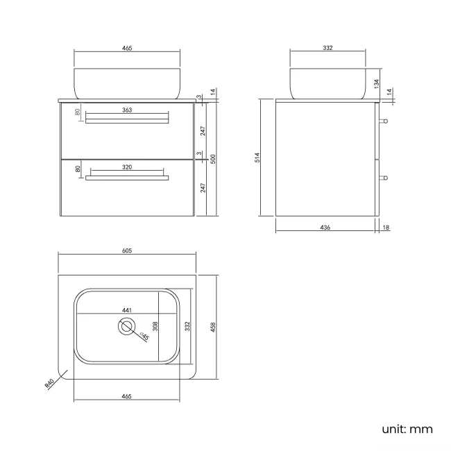 Omaha Slate Grey Wall Hung Drawer Vanity with Marble Top & Curved Counter Top Basin 600mm - Brushed Brass Accents