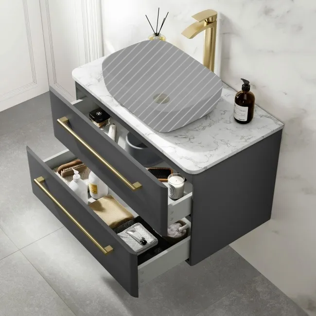 Omaha Slate Grey Wall Hung Drawer Vanity with Marble Top 800mm (Excludes Counter Top Basin) - Brushed Brass Accents