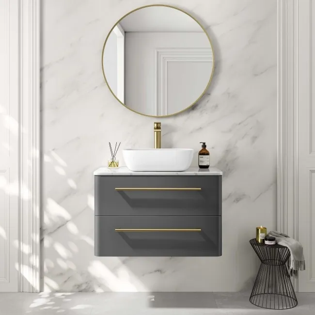 Omaha Slate Grey Wall Hung Drawer Vanity with Marble Top & Curved Counter Top Basin 800mm - Brushed Brass Accents
