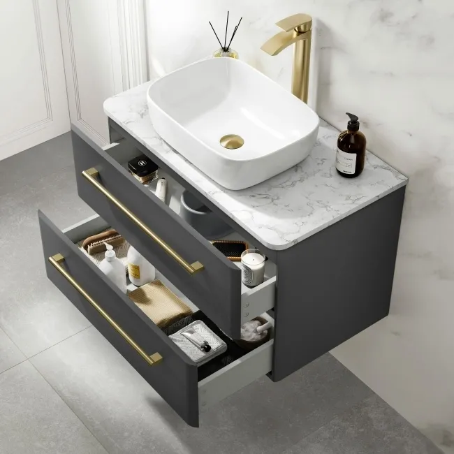 Omaha Slate Grey Wall Hung Drawer Vanity with Marble Top & Curved Counter Top Basin 800mm - Brushed Brass Accents