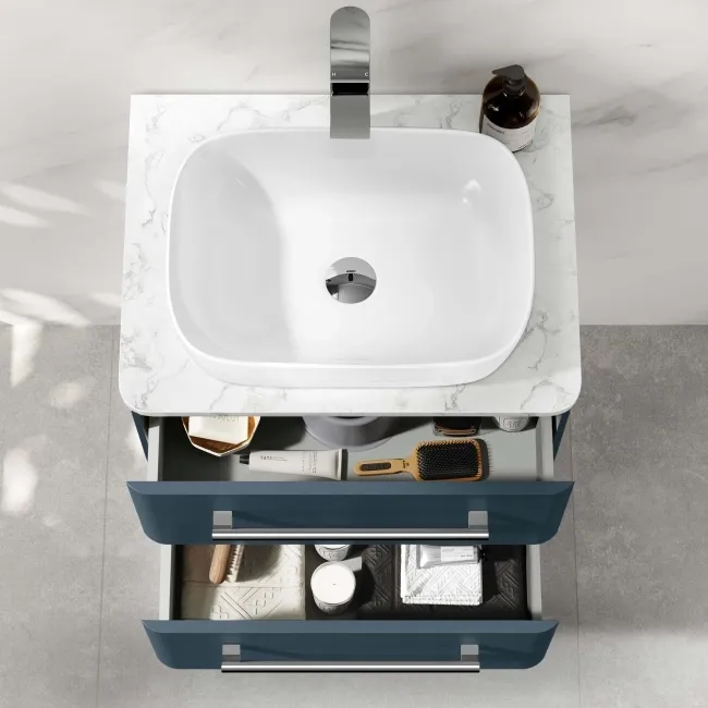 Omaha Navy Blue Wall Hung Drawer Vanity with Marble Top & Curved Counter Top Basin 600mm