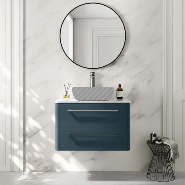 Omaha Navy Blue Wall Hung Drawer Vanity with Marble Top 800mm - Excludes Counter Top Basin