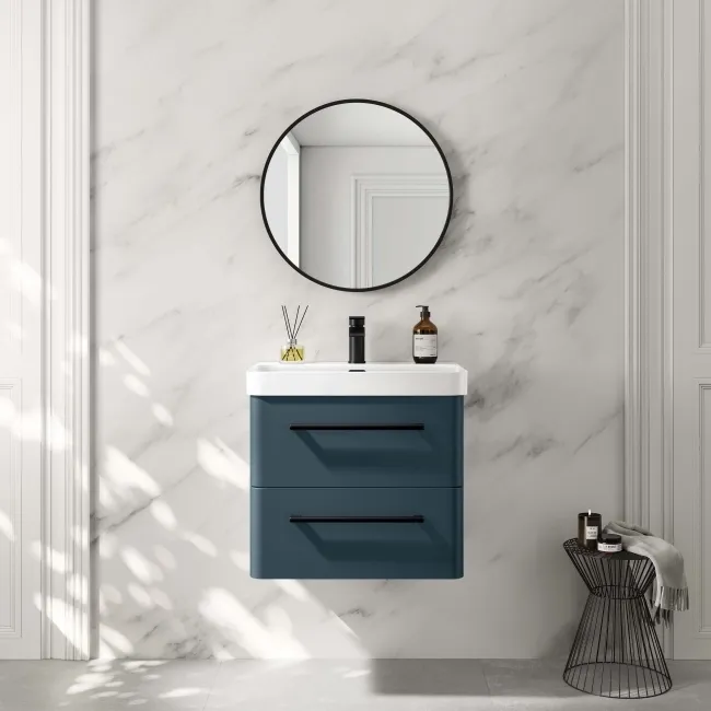 Omaha Navy Blue Wall Hung Basin Drawer Vanity 600mm - Black Accents