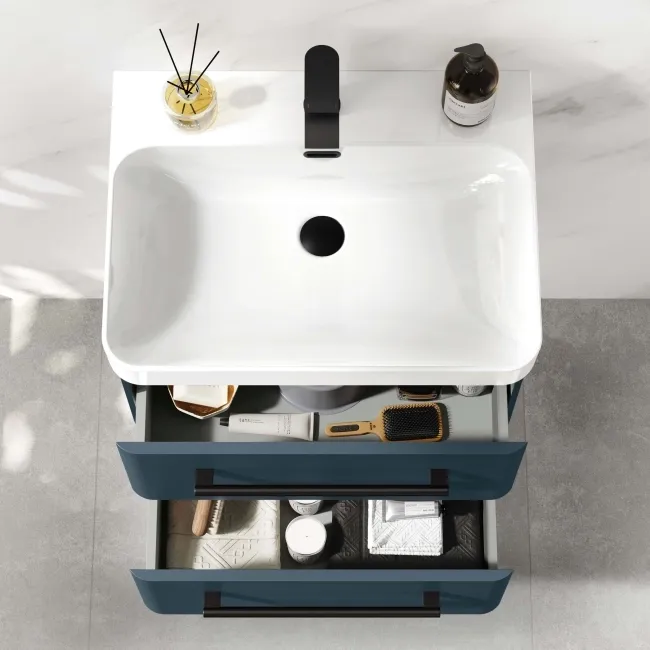 Omaha Navy Blue Wall Hung Basin Drawer Vanity 600mm - Black Accents