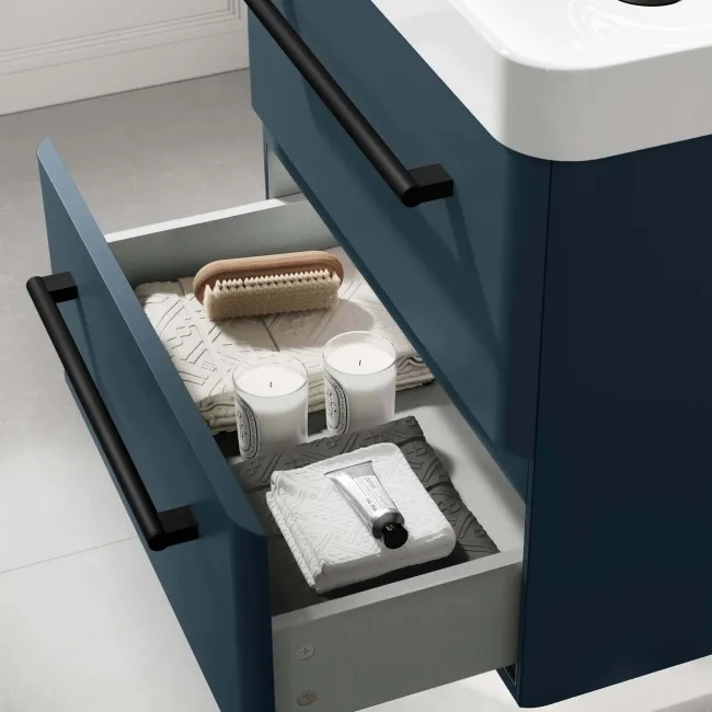 Omaha Navy Blue Wall Hung Basin Drawer Vanity 600mm - Black Accents
